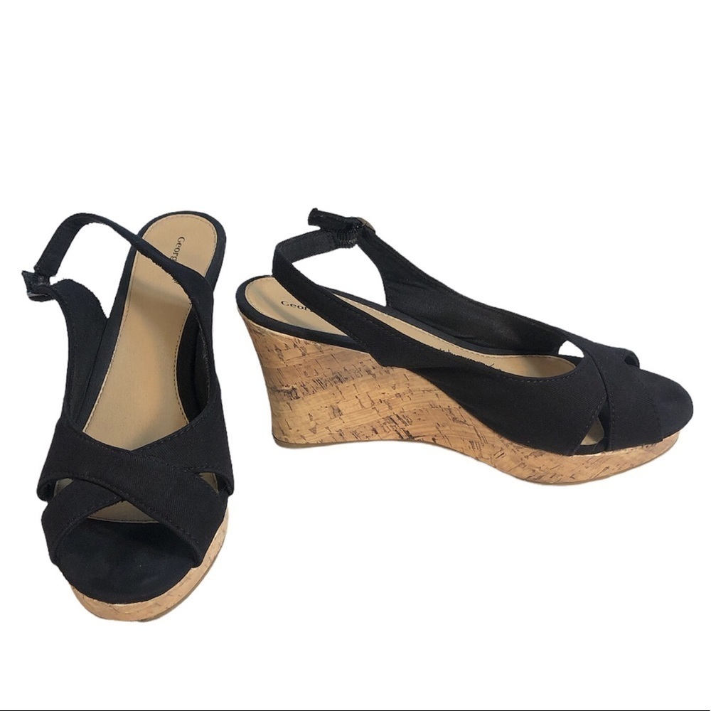 [10] Black Canvas Cork Platform Wedge Slingback Sandals Open Toe George Priya‌‌